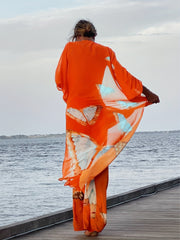 Orange Butterfly Print V Neck 2 Piece Beachwear Knot Front Kaftan Pants