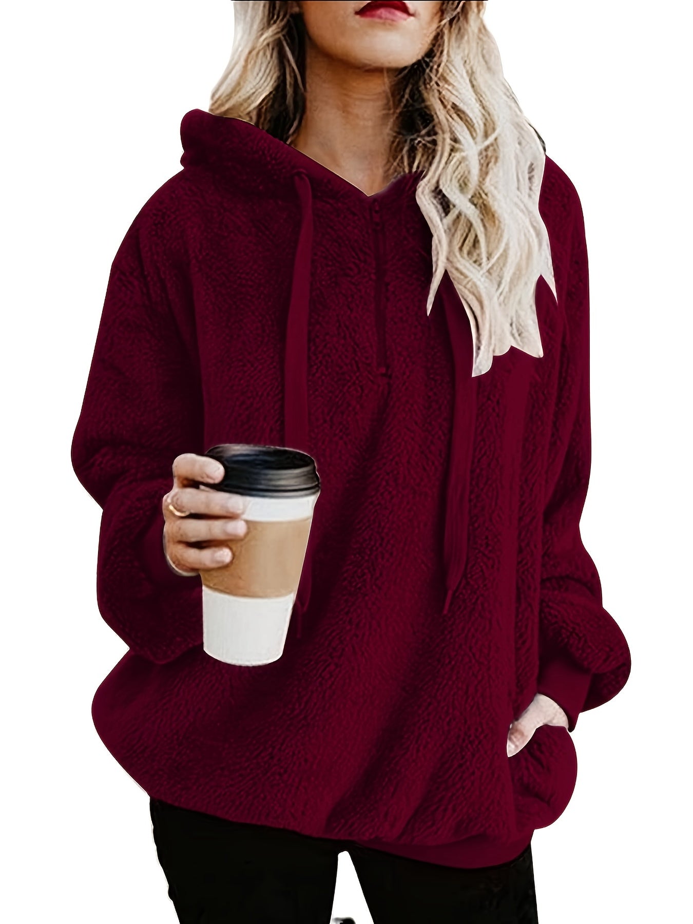 Solid Zip Pocket Fuzzy Hoodie Long Sleeve Drawstring Hoodie Sweatshirt