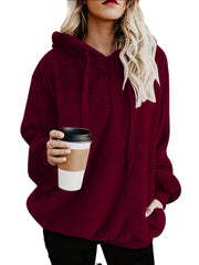 Solid Zip Pocket Fuzzy Hoodie Long Sleeve Drawstring Hoodie Sweatshirt