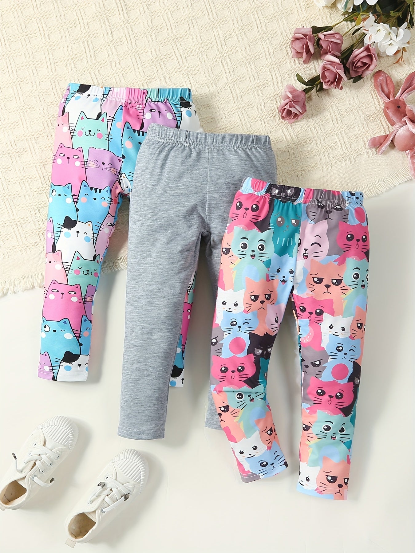 Girls' Kitty Print Comfy Casual Pants with Slight Stretch