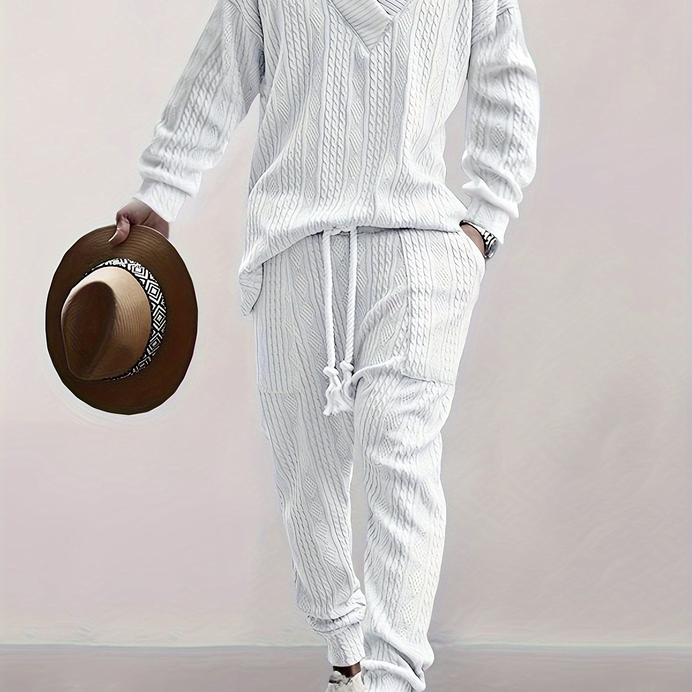 Men's Jacquard V-Neck Sweatshirt & Drawstring Sweatpants Set