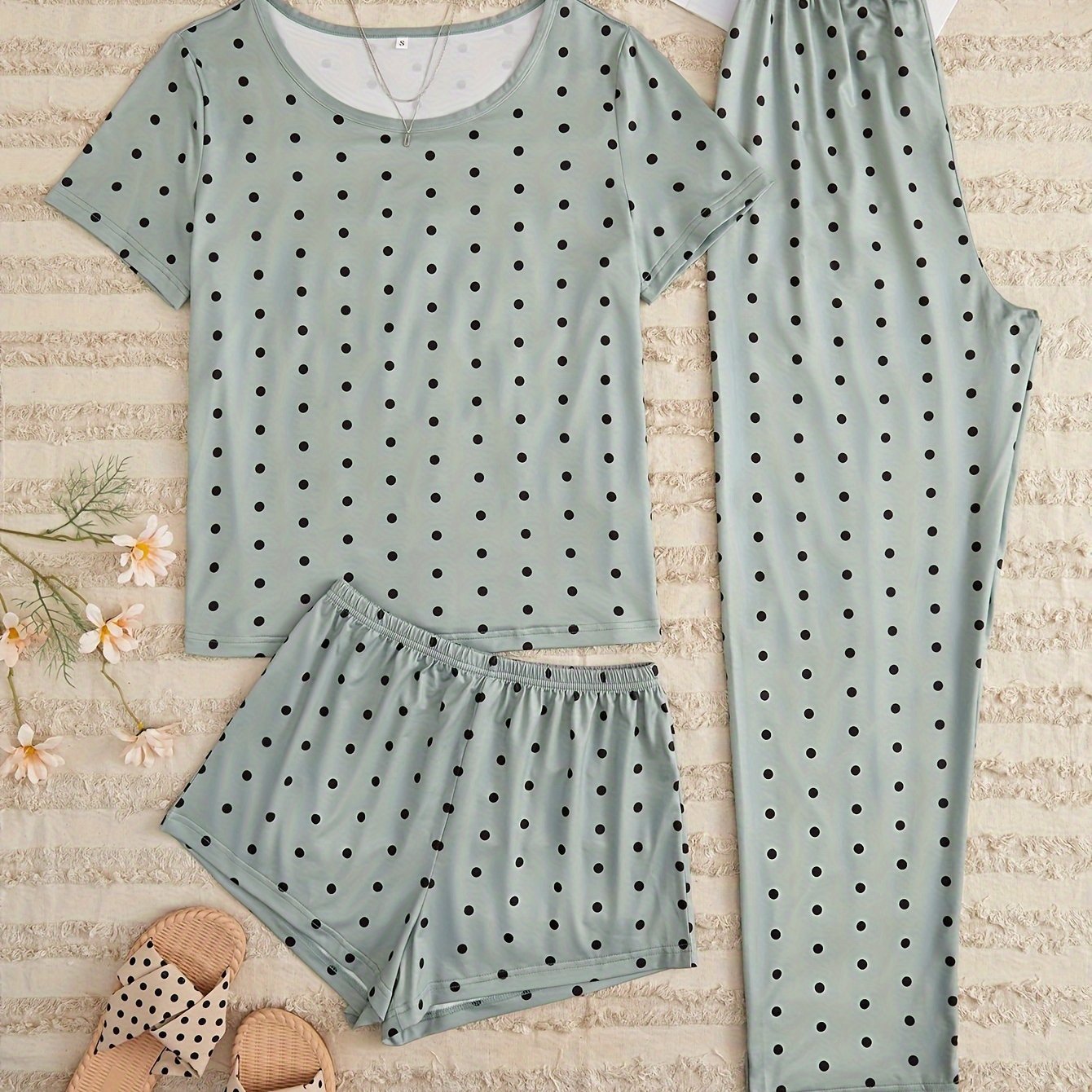 Polka Dot Print Pajamas Set Short Sleeve Crew Neck Top & Shorts & Pants