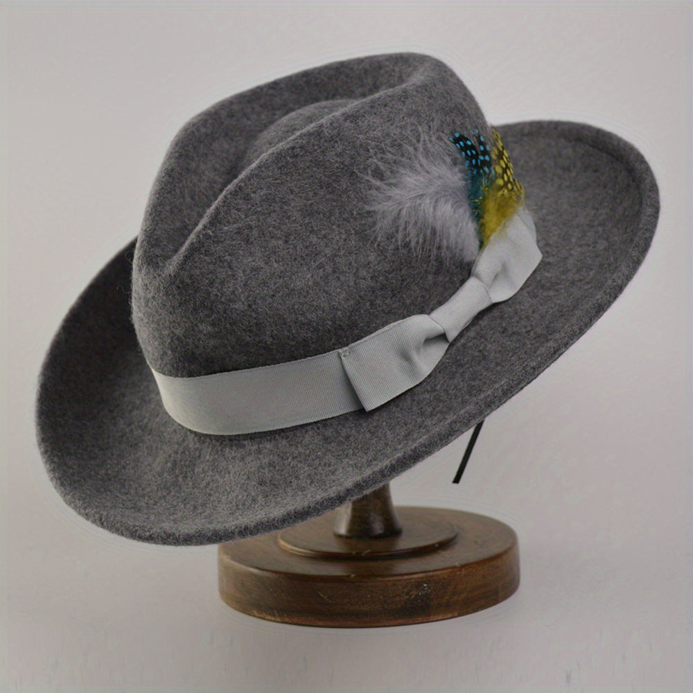Wool Fedora Hat with Bow Band and Feathers Wide Brim Felt Hat