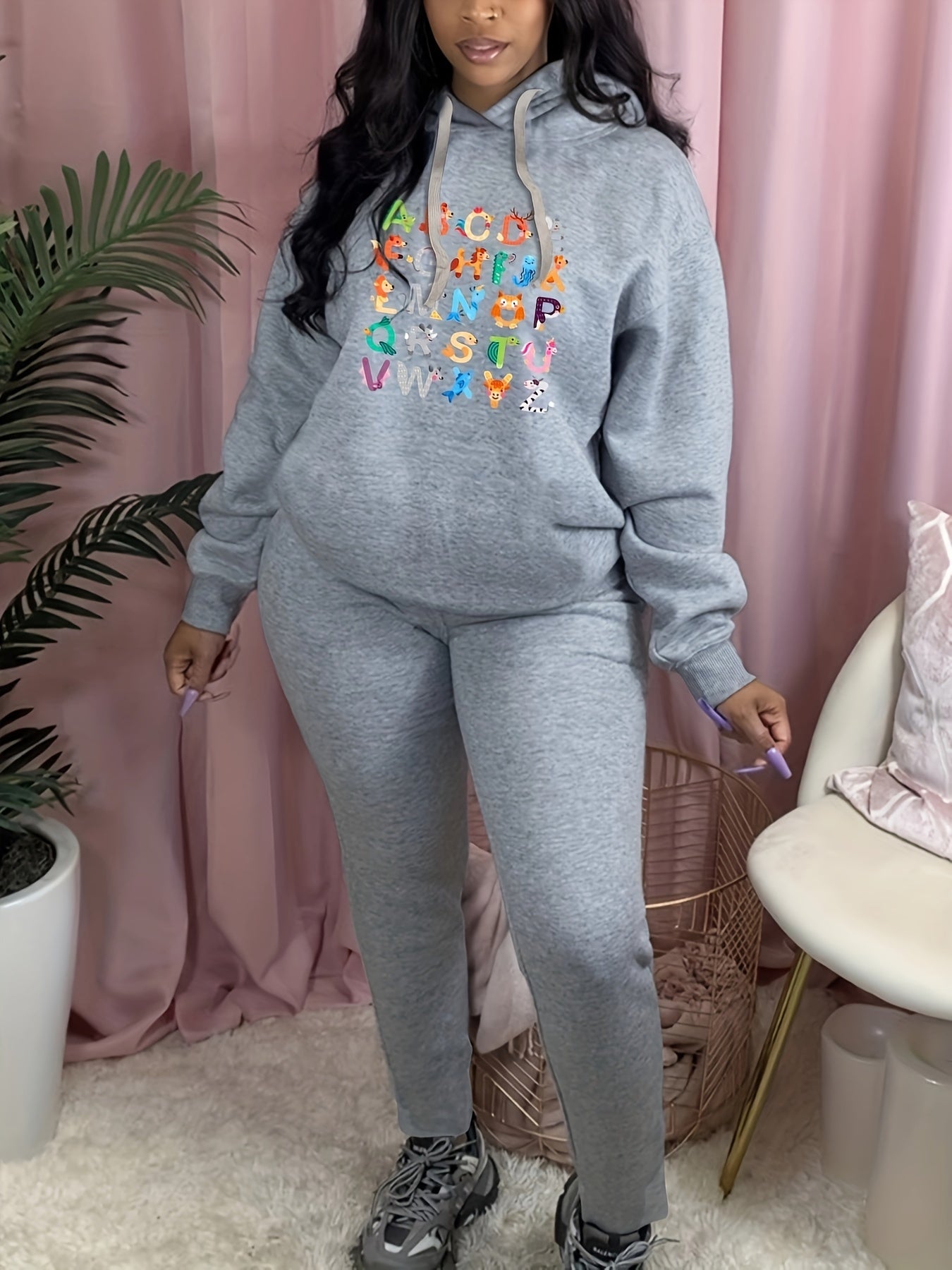 Art Letter Print Hooded Sweatshirt & Sweatpants Two Piece Set