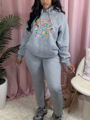 Art Letter Print Hooded Sweatshirt & Sweatpants Two Piece Set