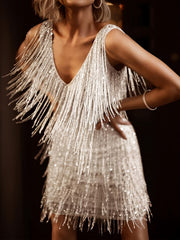 Full Fringe Sequin V Neck Formal Dress