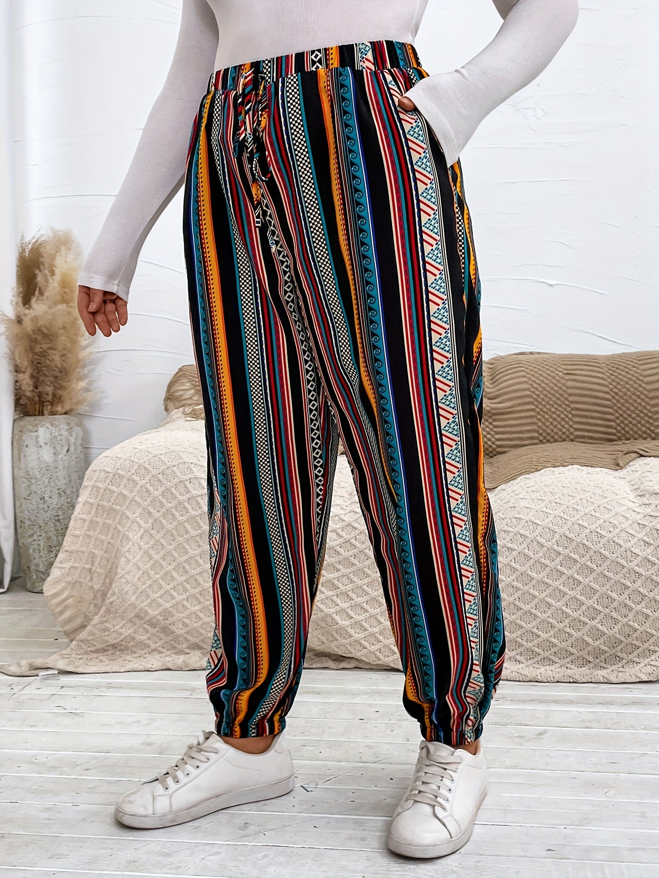 Ethnic Style Pants Women's Plus Patchwork Print Elastic High Rise