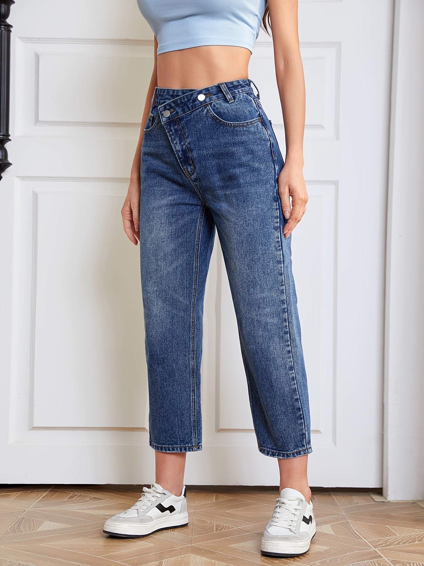 Asymmetrical Straight Jeans High Waist Denim Pants Women's Clothing