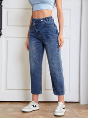 Asymmetrical Straight Jeans High Waist Denim Pants Women's Clothing