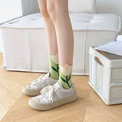 5 Pairs Floral Print Socks Women's Mid Tube Stockings Comfy & Breathable