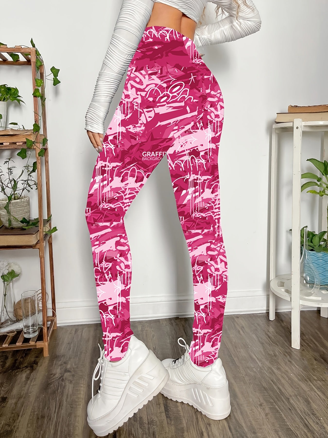 Graffiti Print Skinny Leggings Stretchy Casual Women's Clothing