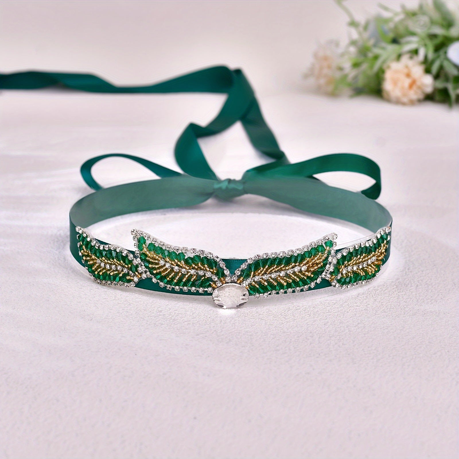 Vintage Rhinestone Belt Hand Sewn Green Crystal Accessories Party Charming Dress