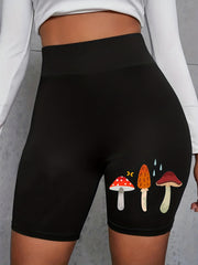 Mushroom Print Skinny Shorts Casual High Waist Women's Clothing