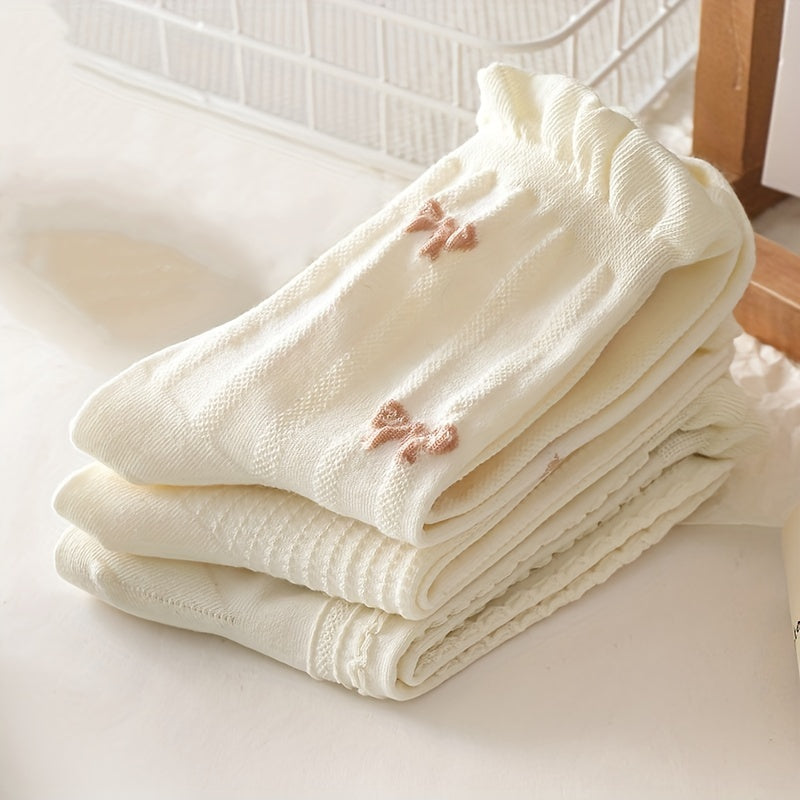Thin Bow & Flower Pattern Socks Breathable Ruched Trim Mid Tube Women's Stocking
