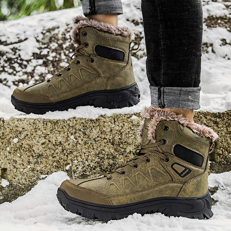 Men's Leather Snow Boots Warm Fleece Anti-Skid Hiking Winter Boots
