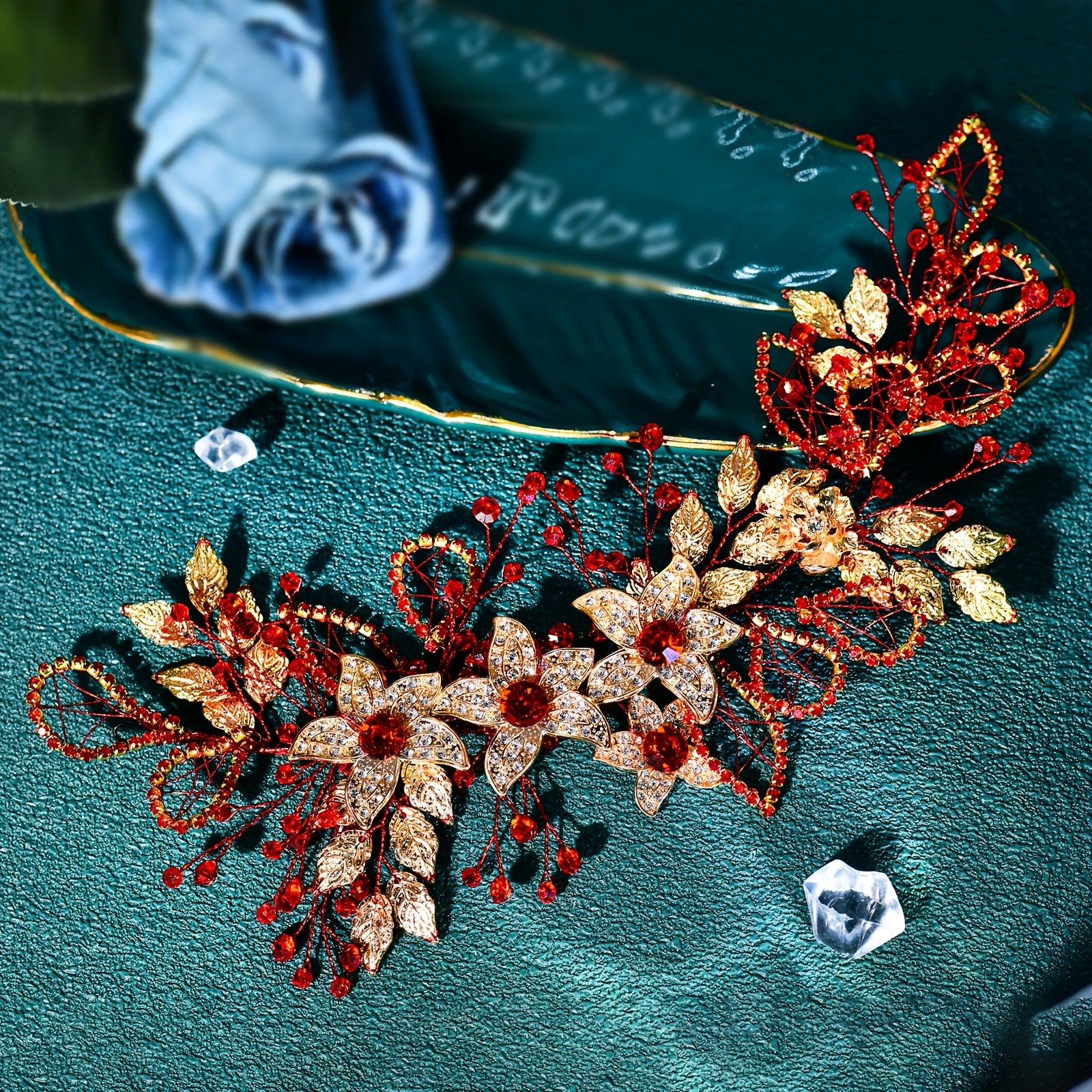 Handwoven Red Rhinestone & Golden Leaf Bridal Hair Accessory