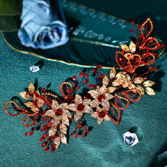 Handwoven Red Rhinestone & Golden Leaf Bridal Hair Accessory