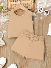 2pcs Toddler Girls Ribbed Knit Tank Top & Bow Front Shorts Set