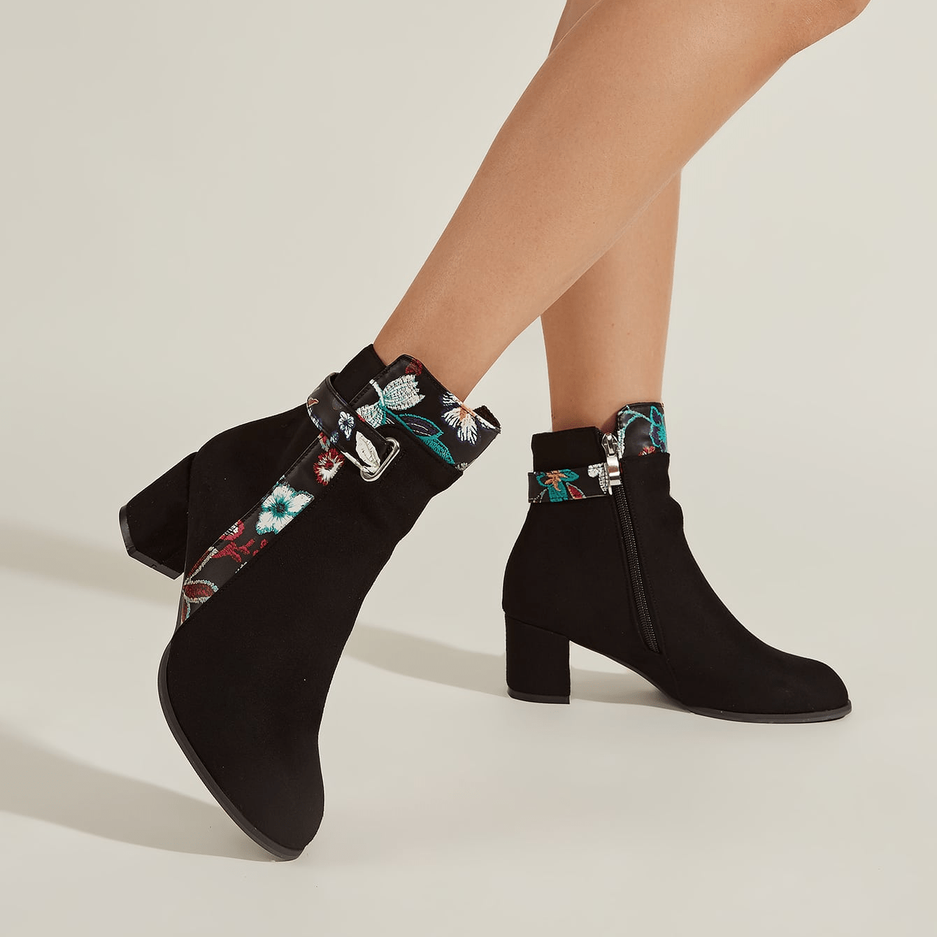 Floral Pattern Boots Point Toe Block Heel Side Zipper Winter Shoes