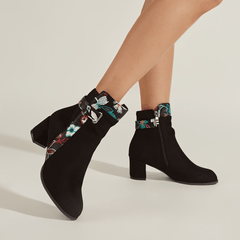 Floral Pattern Boots Point Toe Block Heel Side Zipper Winter Shoes