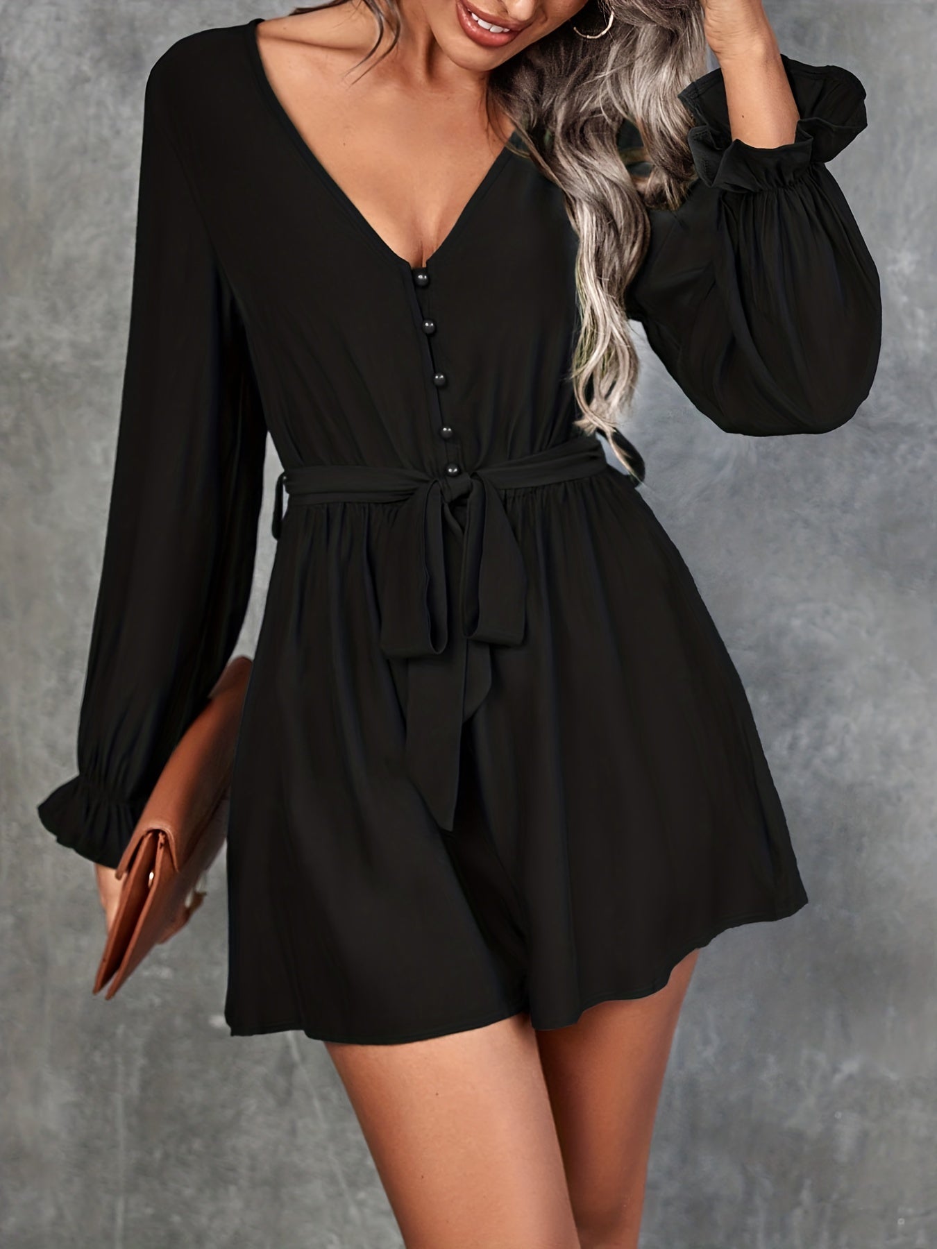Solid V Neck Belted Romper Jumpsuit