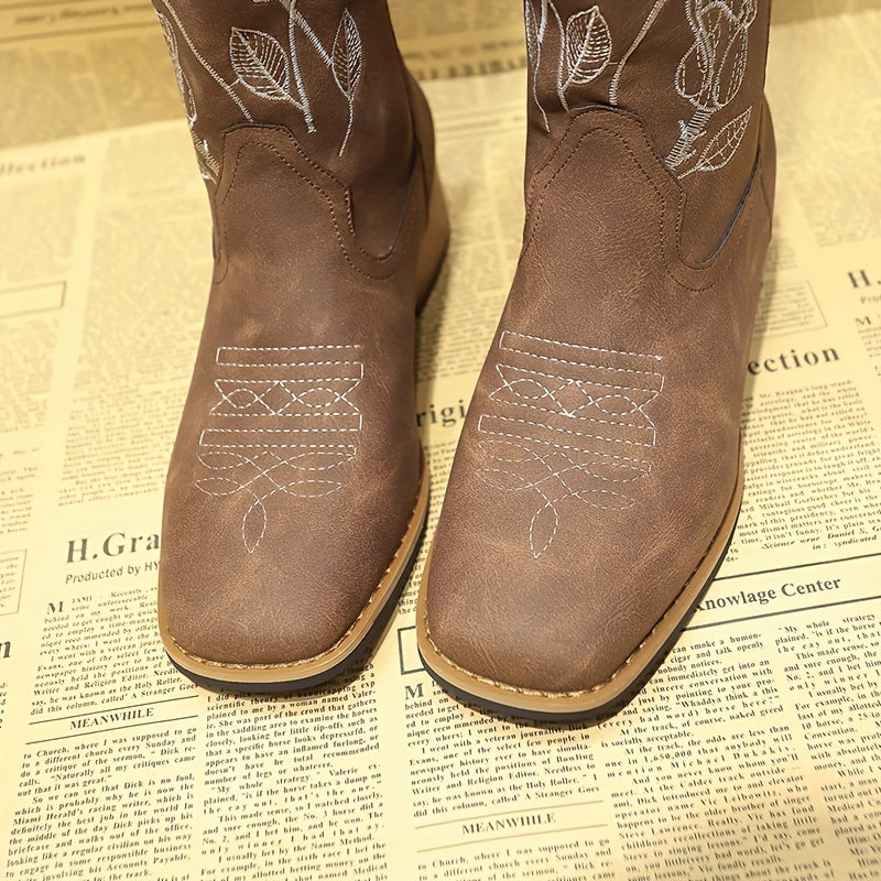 Western Embroidered Cowgirl Boots Chunky Heeled Mid Calf Boots