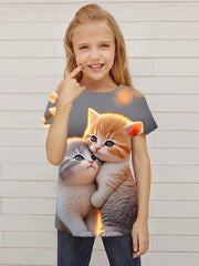 Adorable Kitty Graphic Crew Neck Short Sleeve T shirt Girls Casual Pullover Tops