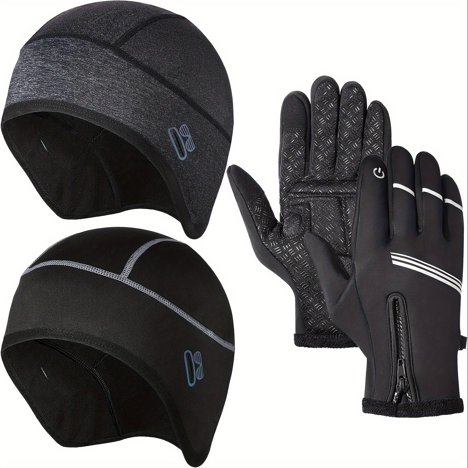 Winter Cycling Gloves & Skull Hat Helmet Liner Set