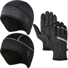 Winter Cycling Gloves & Skull Hat Helmet Liner Set