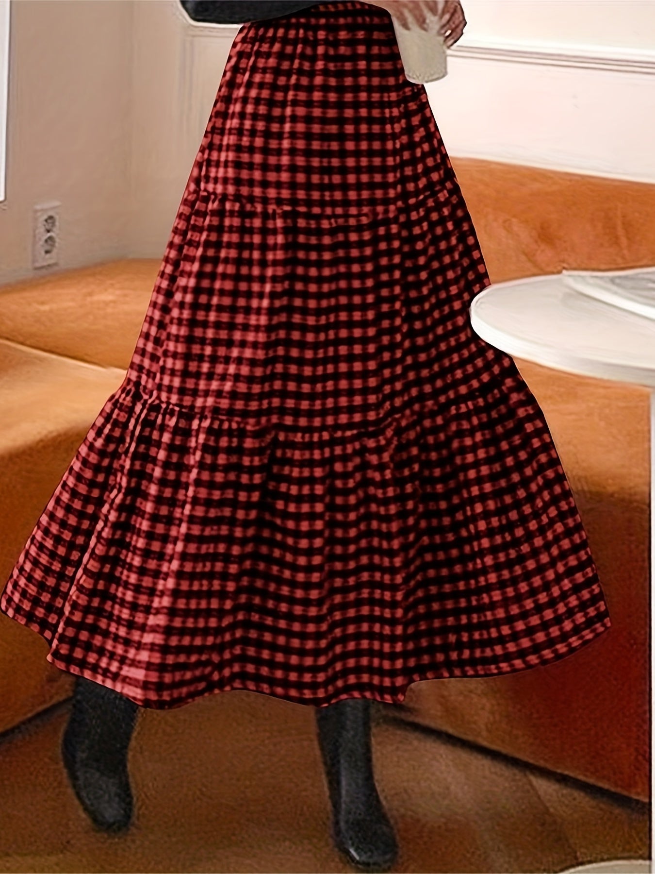 Gingham Print Maxi A line Smock Skirt