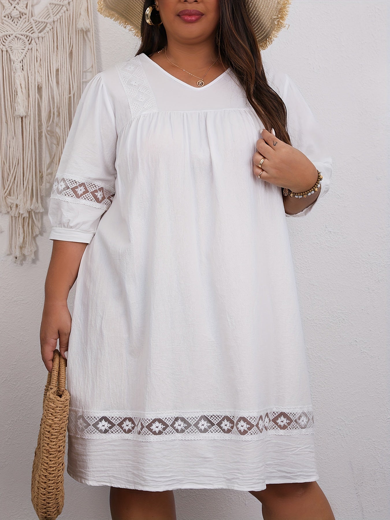 Casual Dress Women's Plus Solid Lace Panel Sleeve Loose Dress