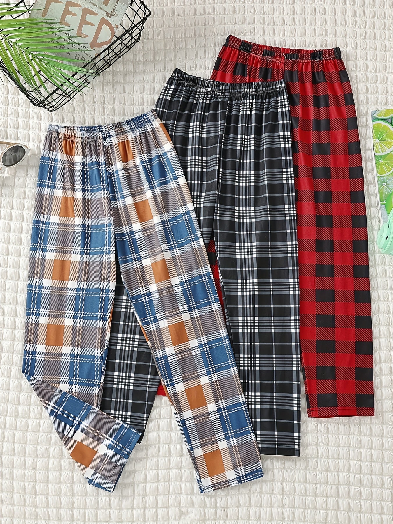 3pcs Boys Casual Plaid Straight Loose Long Pants for Spring & Autumn