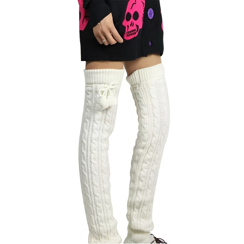 Ribbed Knit Thigh High Leg Warmers With Pom Poms Women's Stockings