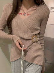 Solid Knit Sweater Casual Surplice Neck Long Sleeve Sweater Women's Clothing