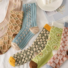 6 Pairs Textured Floral Socks Women's Mid Tube Stockings & Hosiery