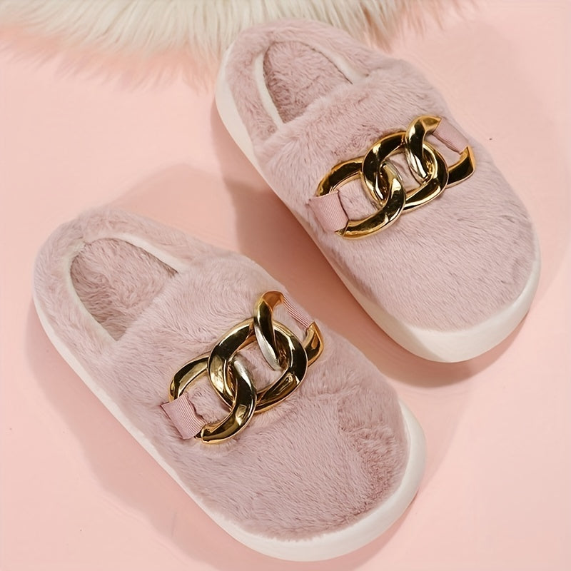 Women's Chain Platform Slippers Plush Lined Shoes