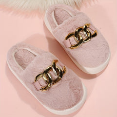 Women's Chain Platform Slippers Plush Lined Shoes