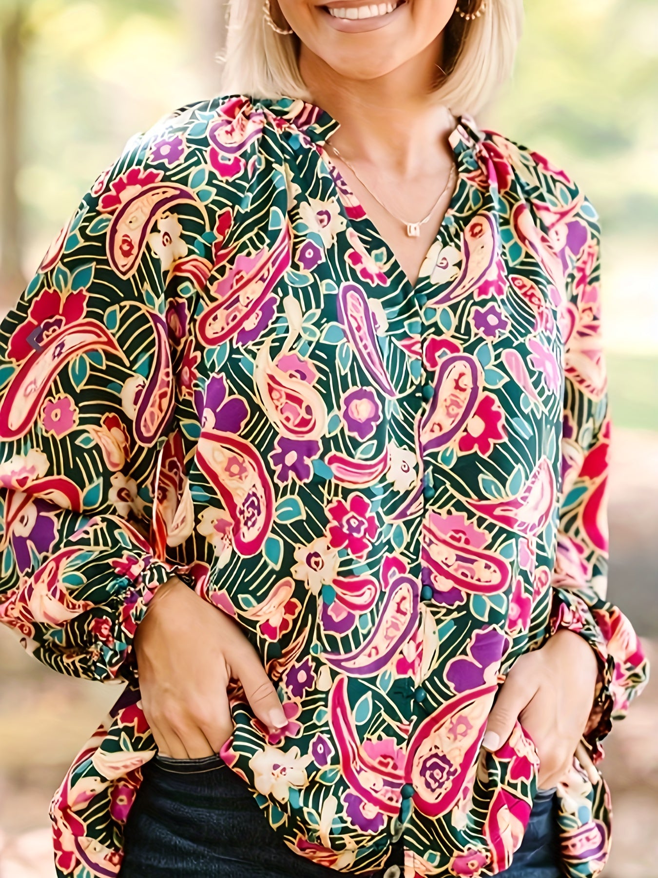 Women's Plus Paisley Floral Print Lantern Sleeve V Neck Loose Fit Blouse
