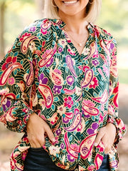 Women's Plus Paisley Floral Print Lantern Sleeve V Neck Loose Fit Blouse