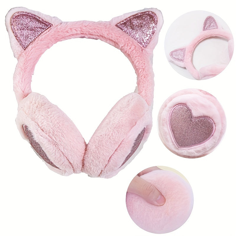 Sequin Peach Heart Cat Ears Earmuffs Plush Winter Warm Ear Cover