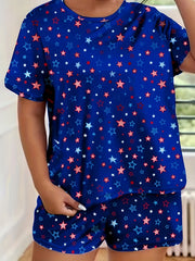 Star Print Tee & Shorts Pajama Set - Round Neck Loungewear