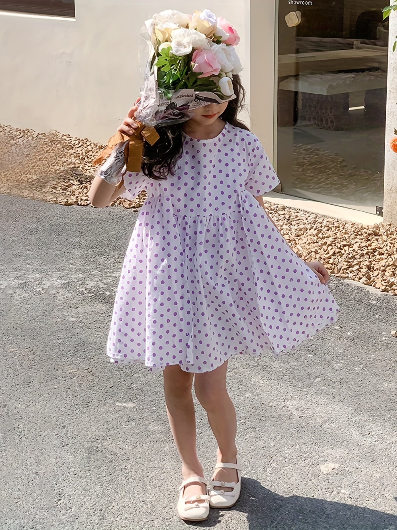 Girl's Polka Dot Princess Dress Short Sleeve Summer Casual Loose Dress