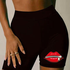 Plus Size Zipper Mouth Print High Rise Biker Shorts