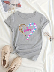 Floral Leopard Print Casual T Shirt Round Neck Short Sleeves Soft Sporty