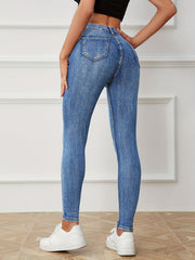 High Rise Water Ripple Skinny Jeans High Waist Zipper Button Closure