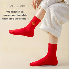 5 Pairs Red Embroidered Crew Socks Chinese New Year Christmas Gift