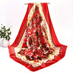 Vintage Satin Flower Print Square Scarf Large Shawl