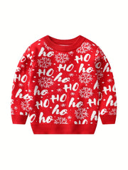 Christmas Print Knit Crew Neck Sweater for Kids