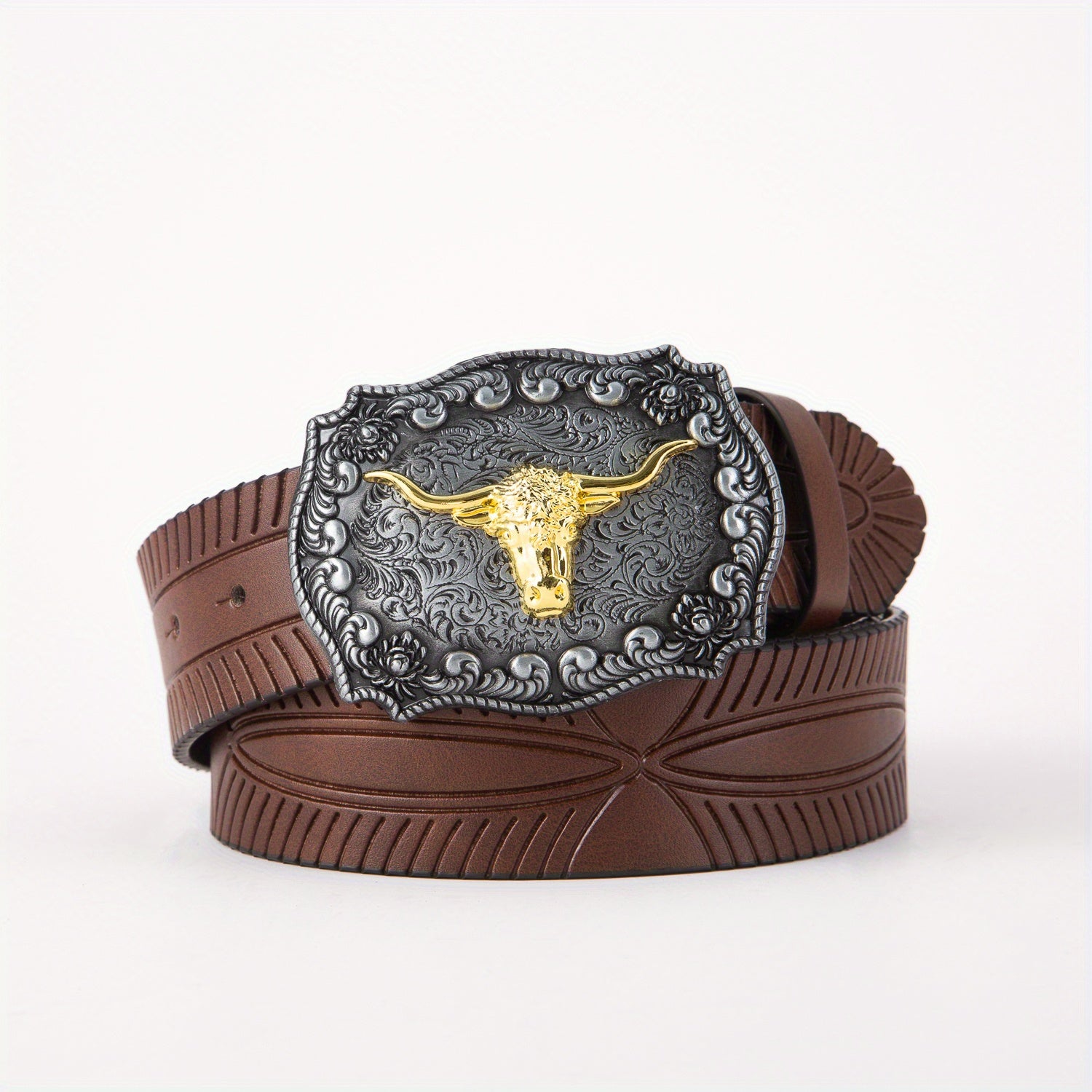 Vintage Embossed Golden Bull Head Plate Buckle Leather Belt
