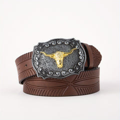 Vintage Embossed Golden Bull Head Plate Buckle Leather Belt